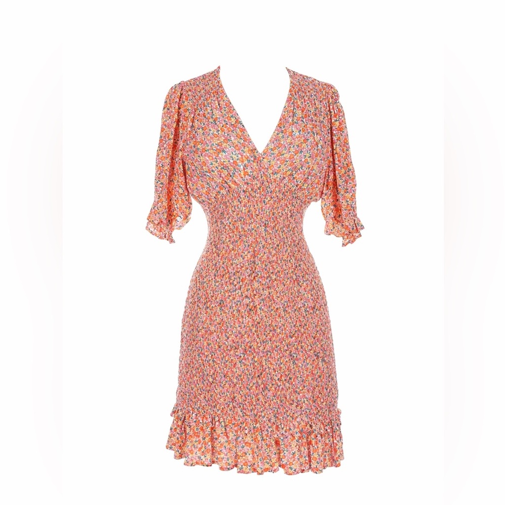 Faithfull the Brand Margherita Smocked Mini Dress, Size XS, Pink Coral Floral